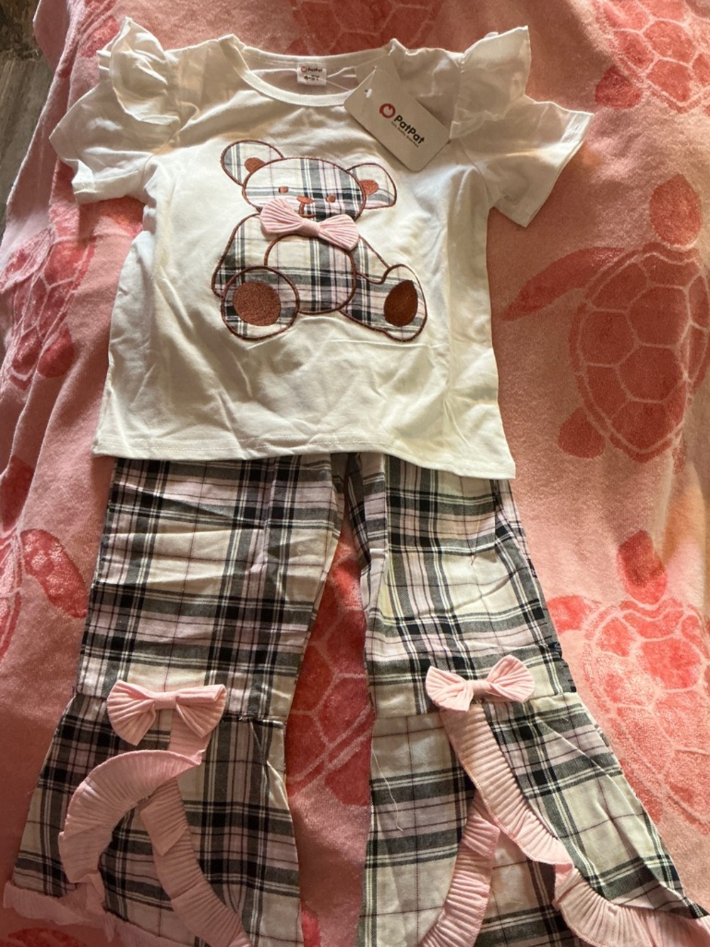 PatPat White & Pink Plaid Teddy Pant Set